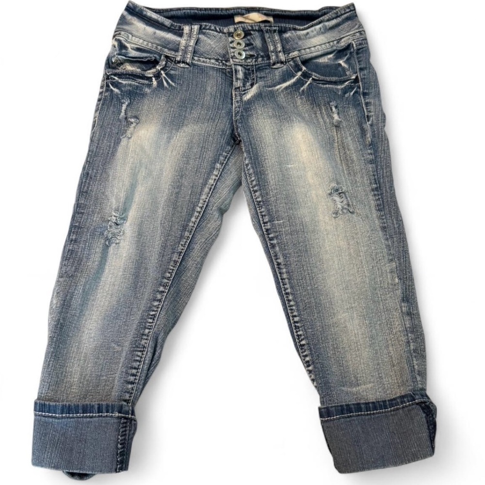 No Boundaries Y2K blue Distressed bling capri jeans size 7 juniors